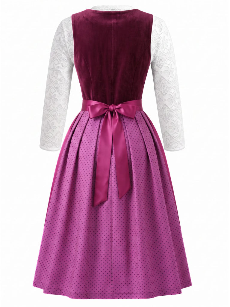 Robe à Col Carré en Velours à Pois et Tablier et Top en Dentelle Prune Années 1950