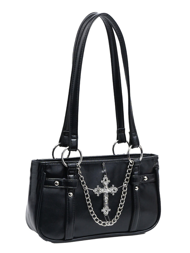 Sac à bandoulière vintage noir avec chaîne croisée