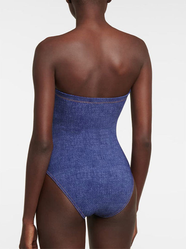 2PCS Maillot de bain bustier en jean à nœud et paréo rayé années 1980