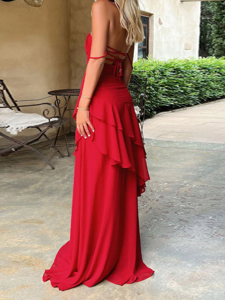 Robe à bretelles à lacets dans le dos à volants rouge unie années 1930