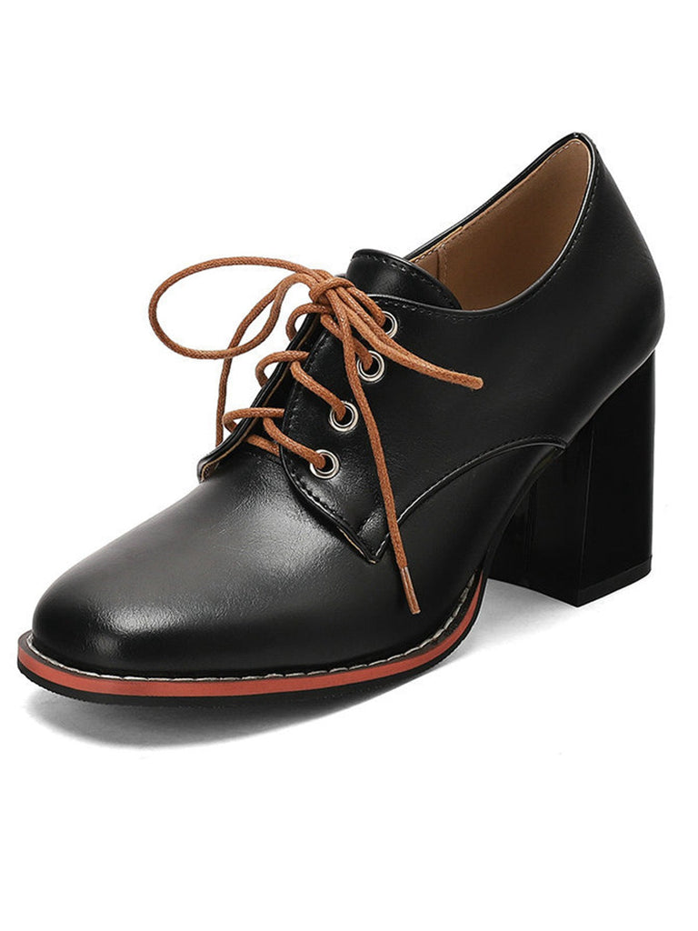Chaussures En Cuir Vintage À Lacets Talon Épais