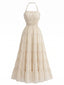 Robe longue volants dos nu beige années 1970