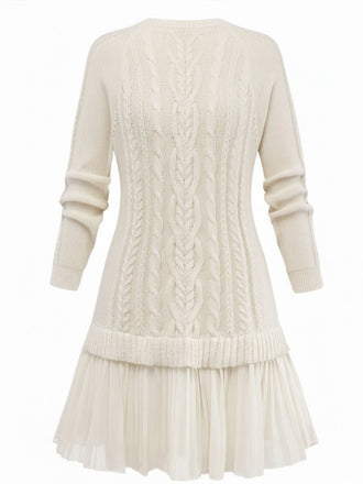 Robe pull beige plissée en maille torsadée unie des années 1940