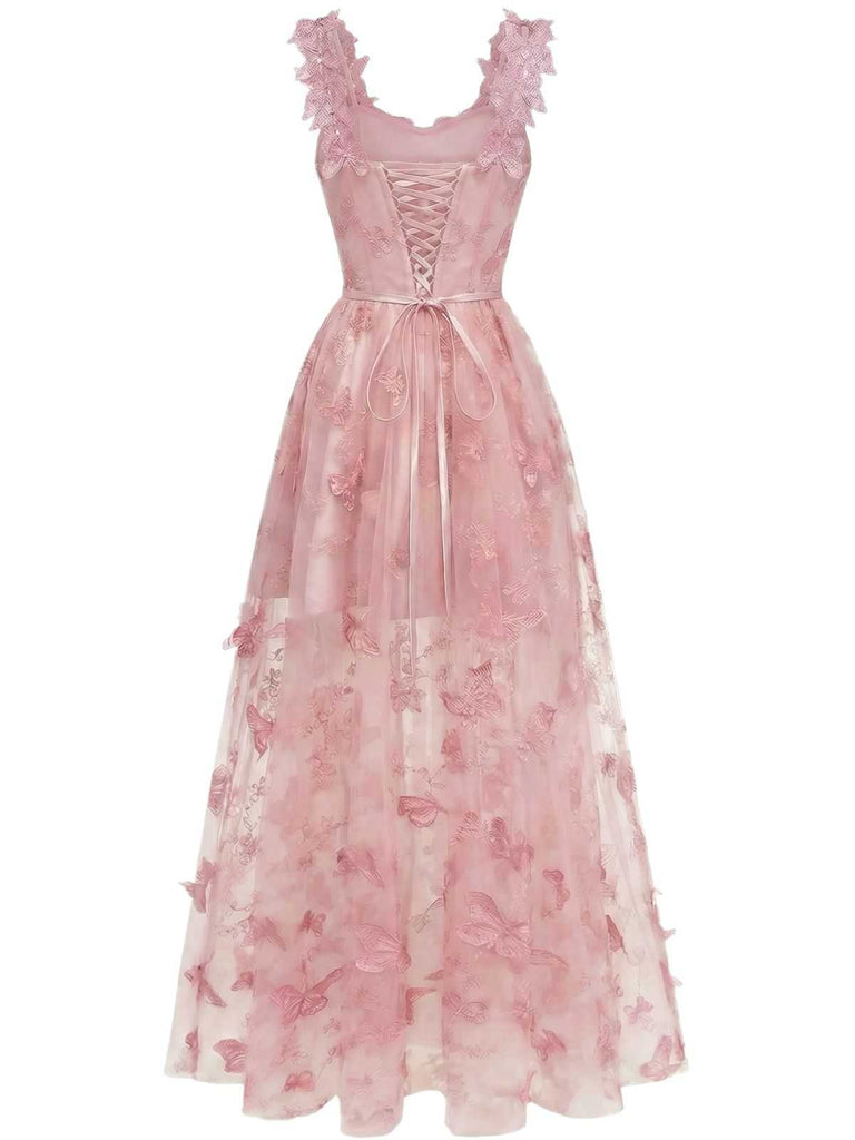 Robe Maxi Bretelles Épaghetti Papillons 3D Maille Années 1930