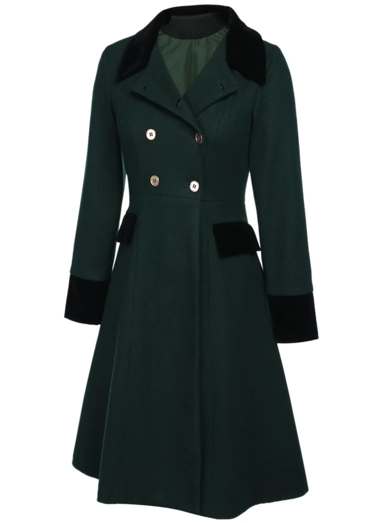 Manteau à Boutons Uni Vert Foncé Années 1950 7