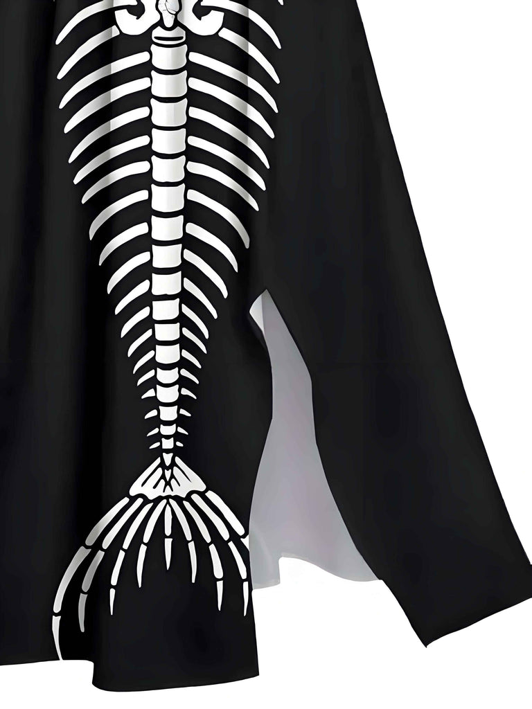 [Prévente] Robe longue fendue noire imprimé squelette d'Halloween des années 1950