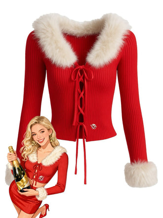 Cardigan rouge en maille col en fourrure amovible des années 1980