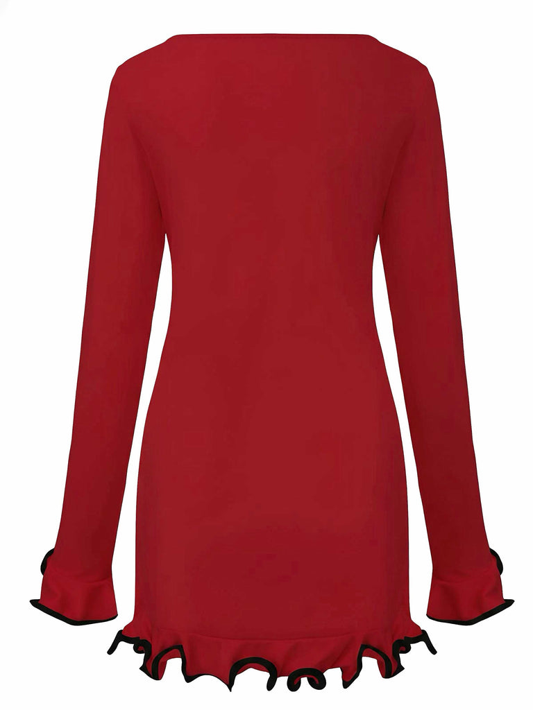 Robe rose manches longues et ourlet volants style années 60