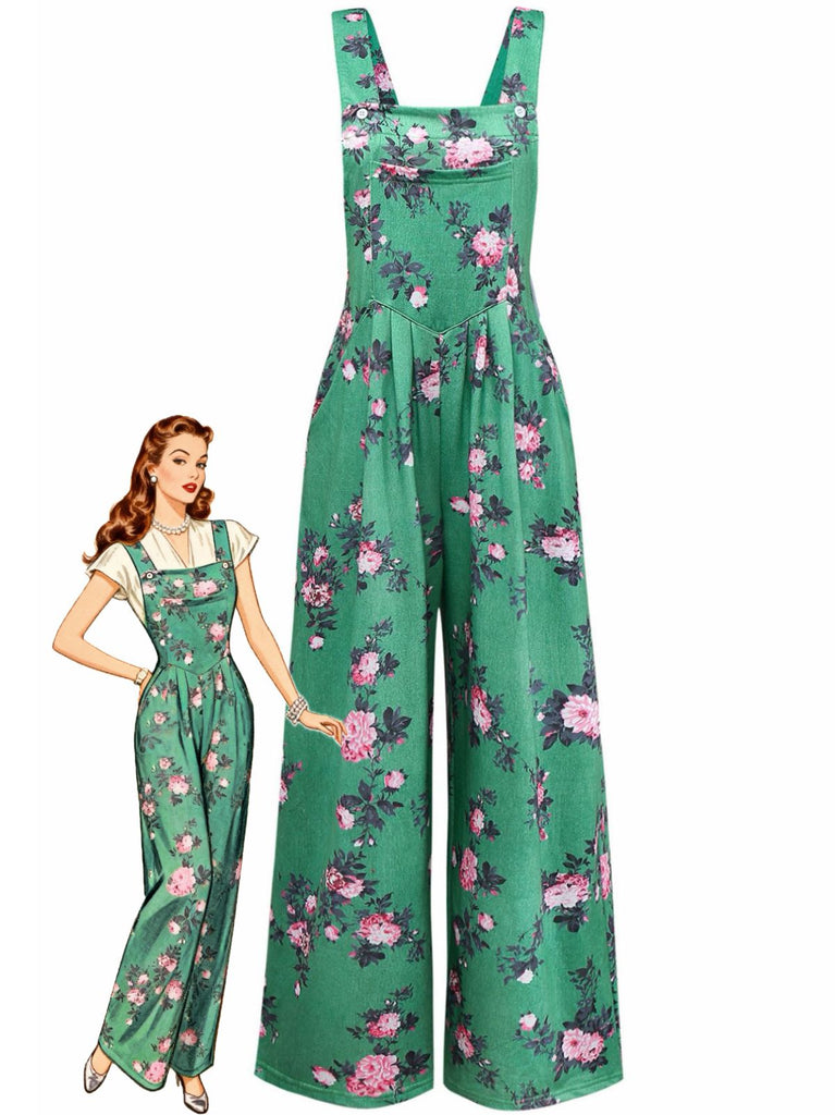 Combinaison pantalon large à imprimé floral vert années 1940