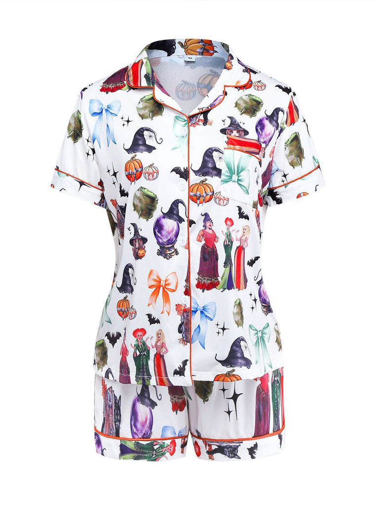 Ensemble de pyjama en satin imprimé sorcière Halloween des années 1970