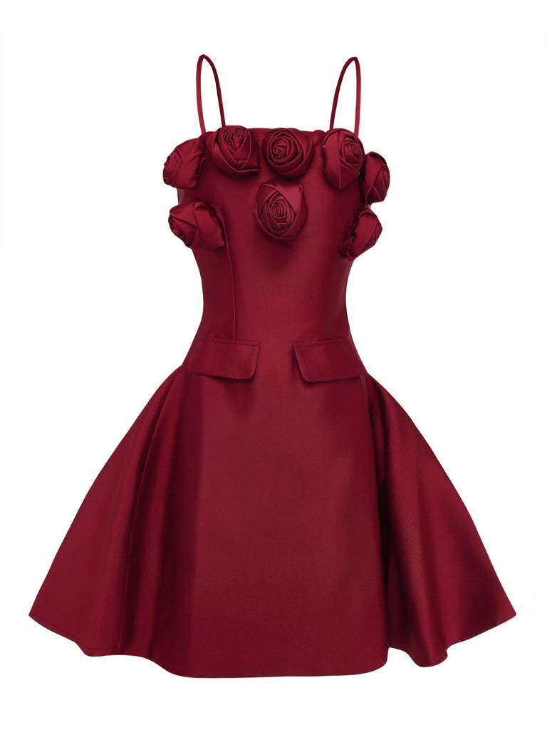 Robe Courte Rouge Vin  Unie Fleurs 3D Années 1960