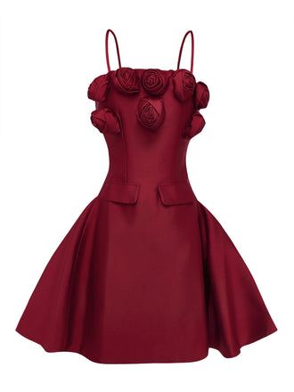 Robe Courte Rouge Vin  Unie Fleurs 3D Années 1960