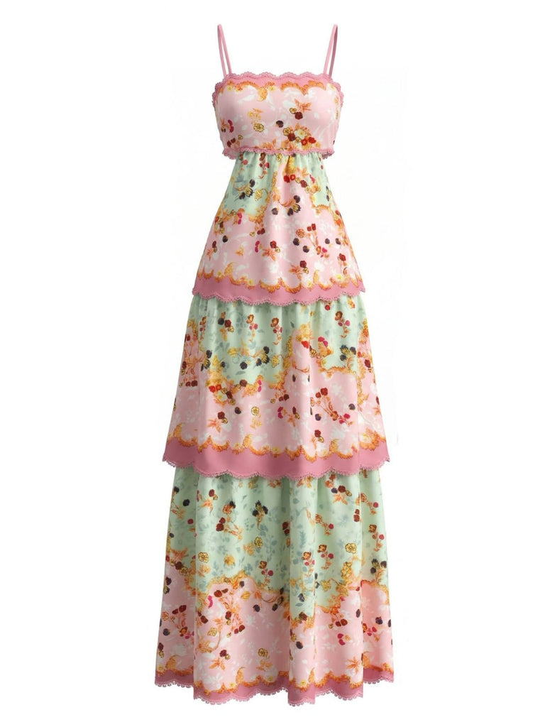 Robe longue fleurs volants rose foncé années 30