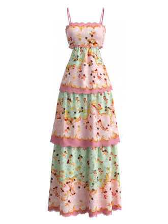 Robe longue fleurs volants rose foncé années 30