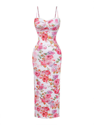 Robe longue moulante bretelles floral rose 1980s