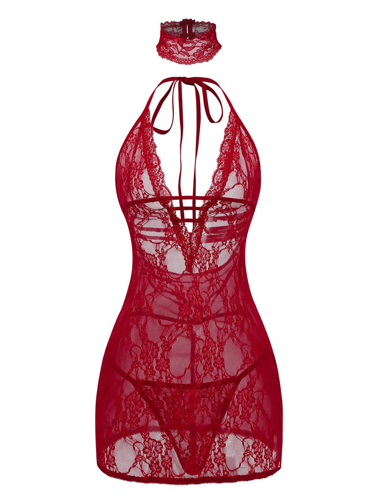 Nuisette sexy en dentelle dos nu à col en V années 1980