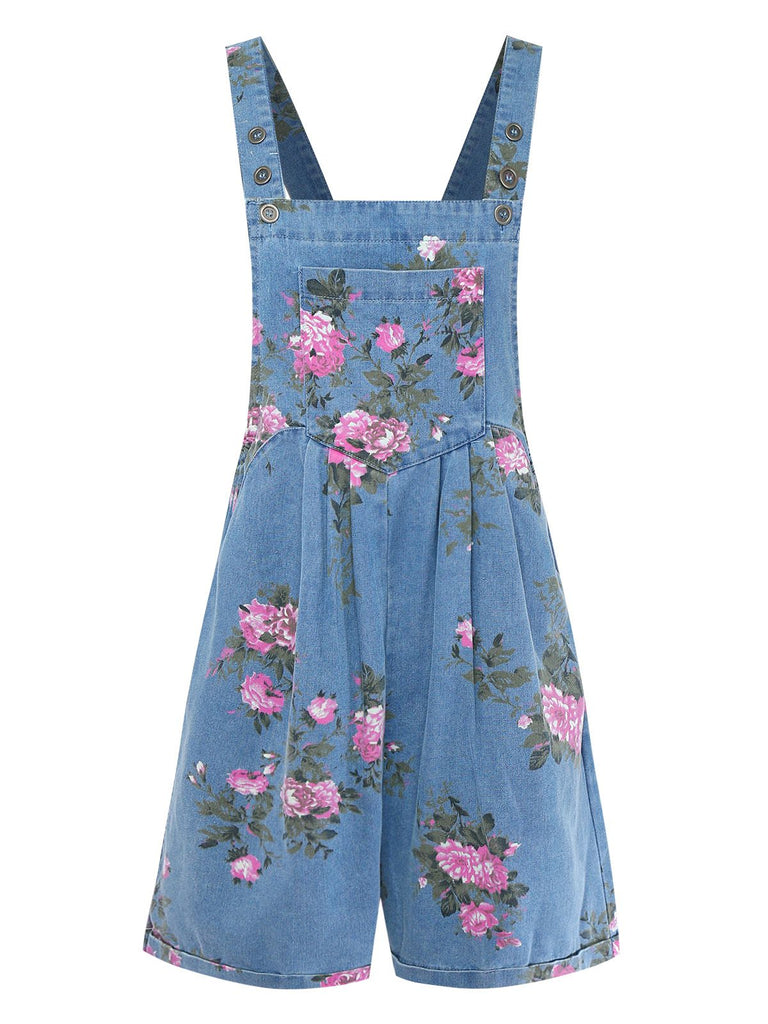 Combishort Bleue Jean Fleurs Bretelles Larges Années 1960