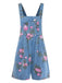 Combishort Bleue Jean Fleurs Bretelles Larges Années 1960