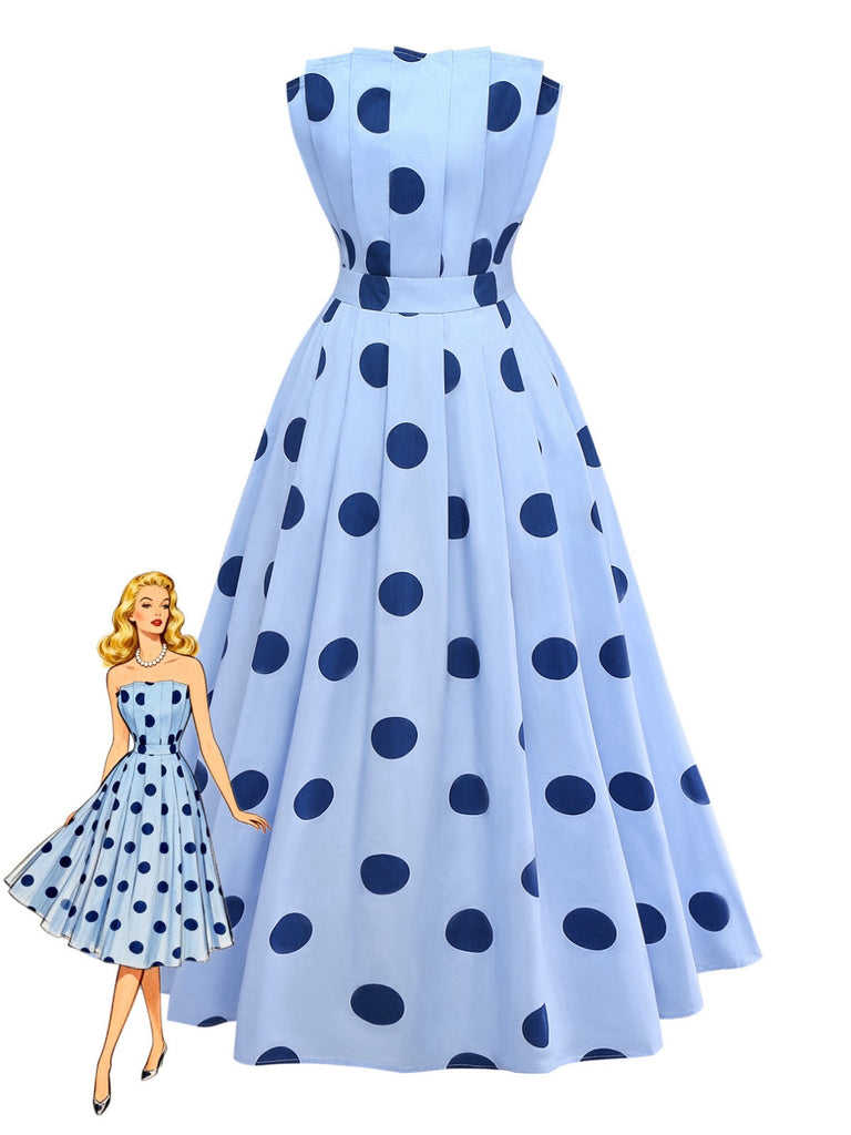 Robe Bleue Pois Sans Bretelles Plissée Années 1940