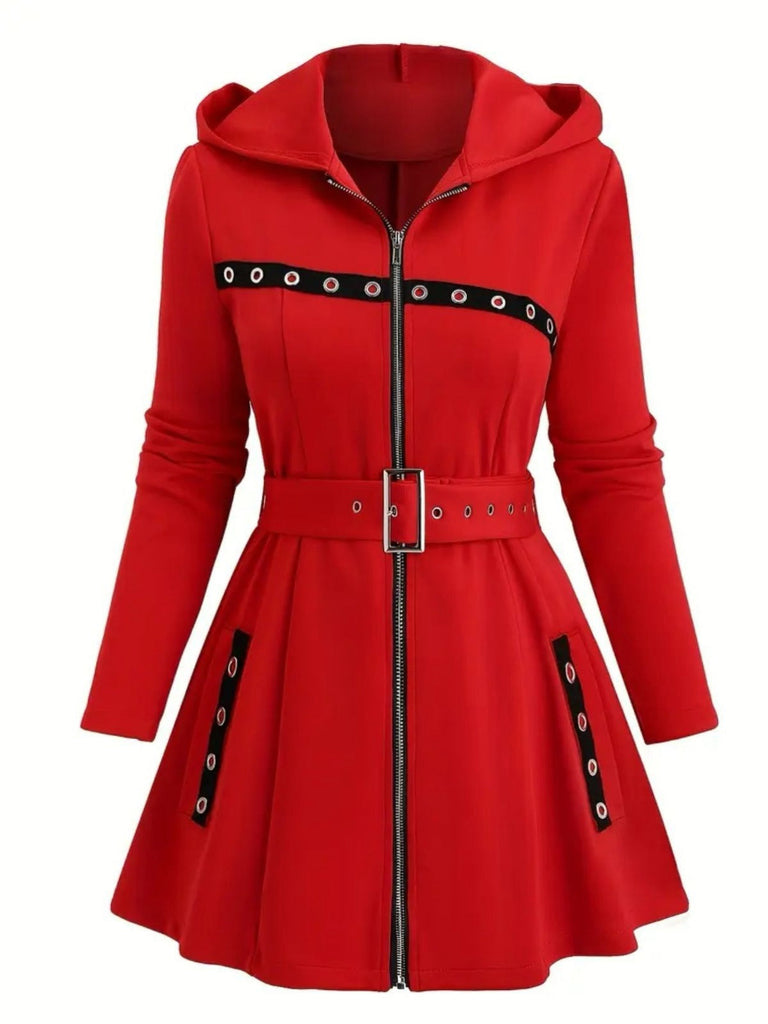 Veste midi punk à capuche et ceinture zippée années 1960