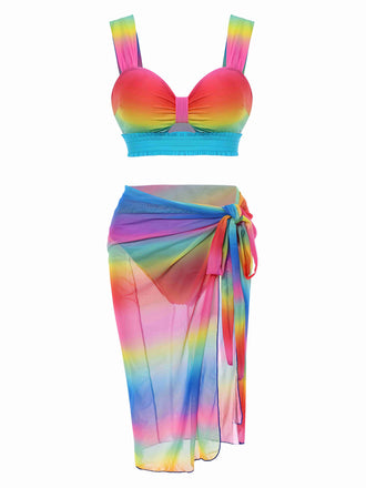 Ensemble bikini froncé multicolore dégradé arc-en-ciel et cache-maillot années 1960