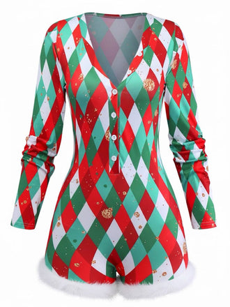 Combishort de Noël à carreaux losanges avec ourlet brut années 1970