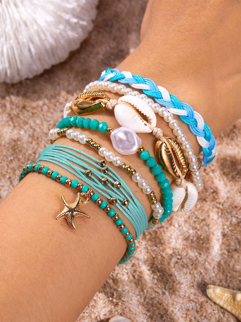 7PCS Ensemble bracelets tressés à plusieurs rangs perles forme coquillage bleu