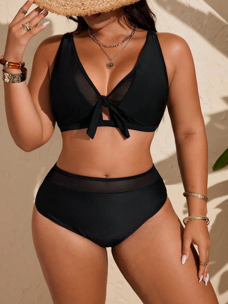 [Grande Taille] Ensemble bikini noir bretelles réglables et détails nouer années 80