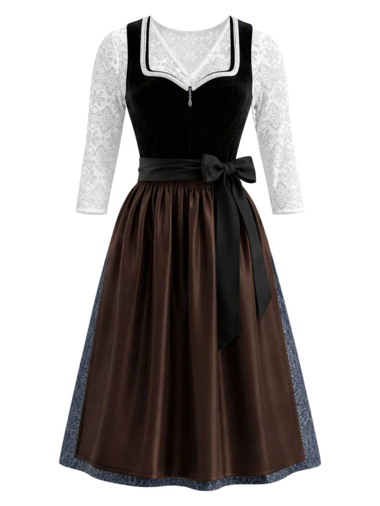 Ensemble noir avec robe à décolleté cœur et bordure contrastée, tablier et top blanc Années 1950