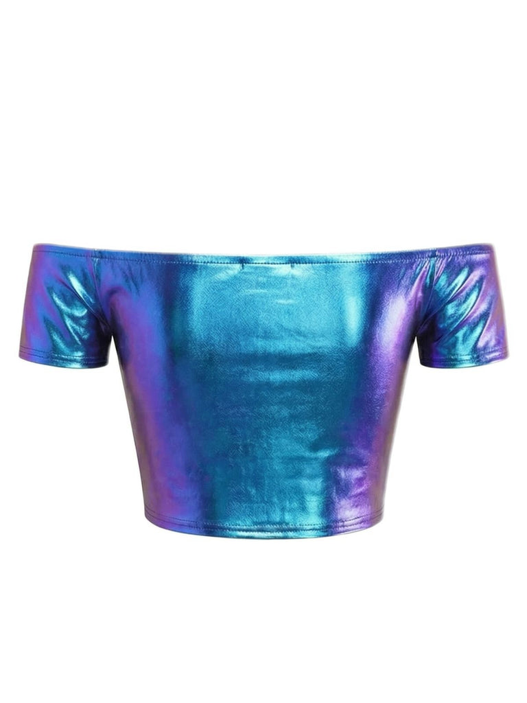 2PCS Haut disco métallisé à épaules dénudées et jupe plissée années 70