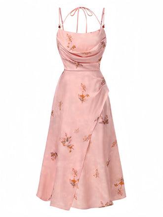 Robe rose à bretelles en satin fleuri et col licou des années 1930