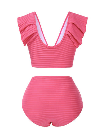 Ensemble bikini froncé rose uni avec volants et nœud années 1940