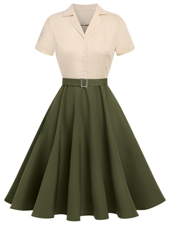 Robe boutonnée kaki verte style Blanche-Neige années 1950