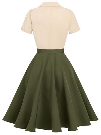Robe boutonnée kaki verte style Blanche-Neige années 1950