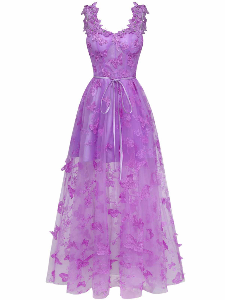 Robe Maxi Bretelles Épaghetti Papillons 3D Maille Années 1930