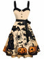 [Prévente] Robe trapèze orange imprimé citrouille et chat noir Halloween années 1950