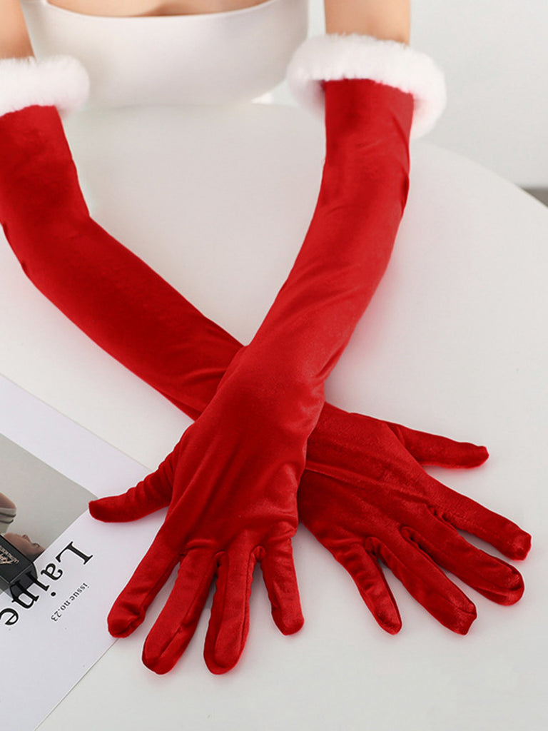 Gants longs en velours avec poignets en fourrure de Noël