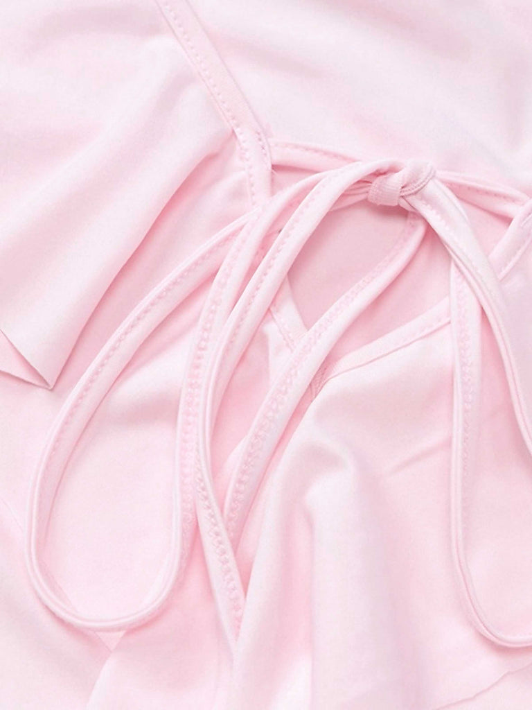 Robe rose col en V et manches évasées volants années 60