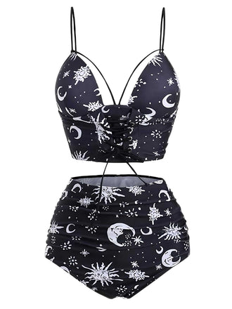 Ensemble bikini gothique noir à bretelles motif galaxie années 1980
