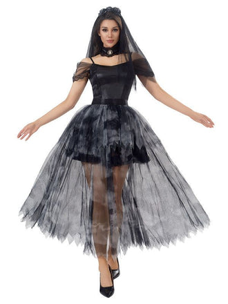 Robe noire en tulle mariée fantôme Halloween années 1970