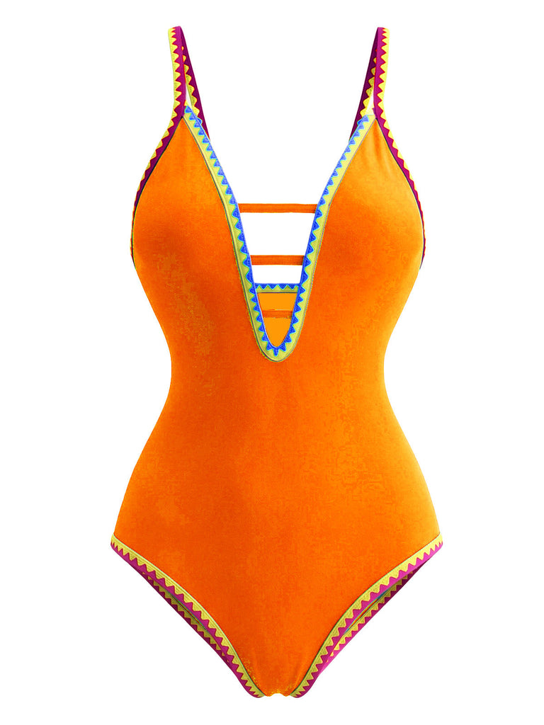 Maillot de bain une pièce à bretelles découpées color block années 1970