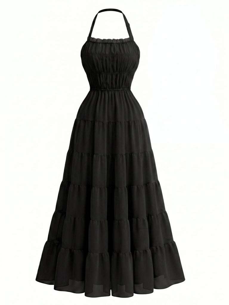Robe Maxi à Étages Dos-Nu en Mousseline Froncée Années 70