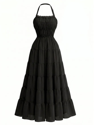 Robe Maxi à Étages Dos-Nu en Mousseline Froncée Années 70
