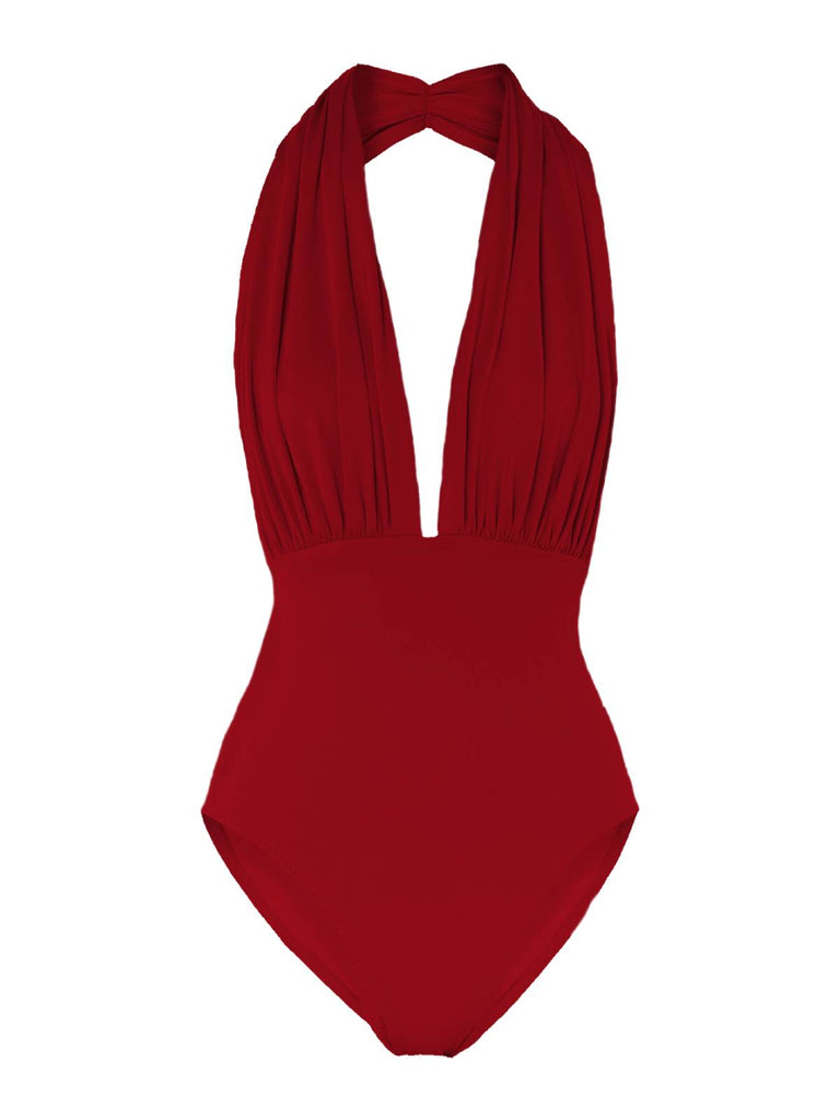 Maillot de Bain Une Pièce Rétro Décolleté Plongeant Rouge