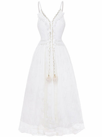 Robe longue bohème blanche en dentelle à col en V années 1970