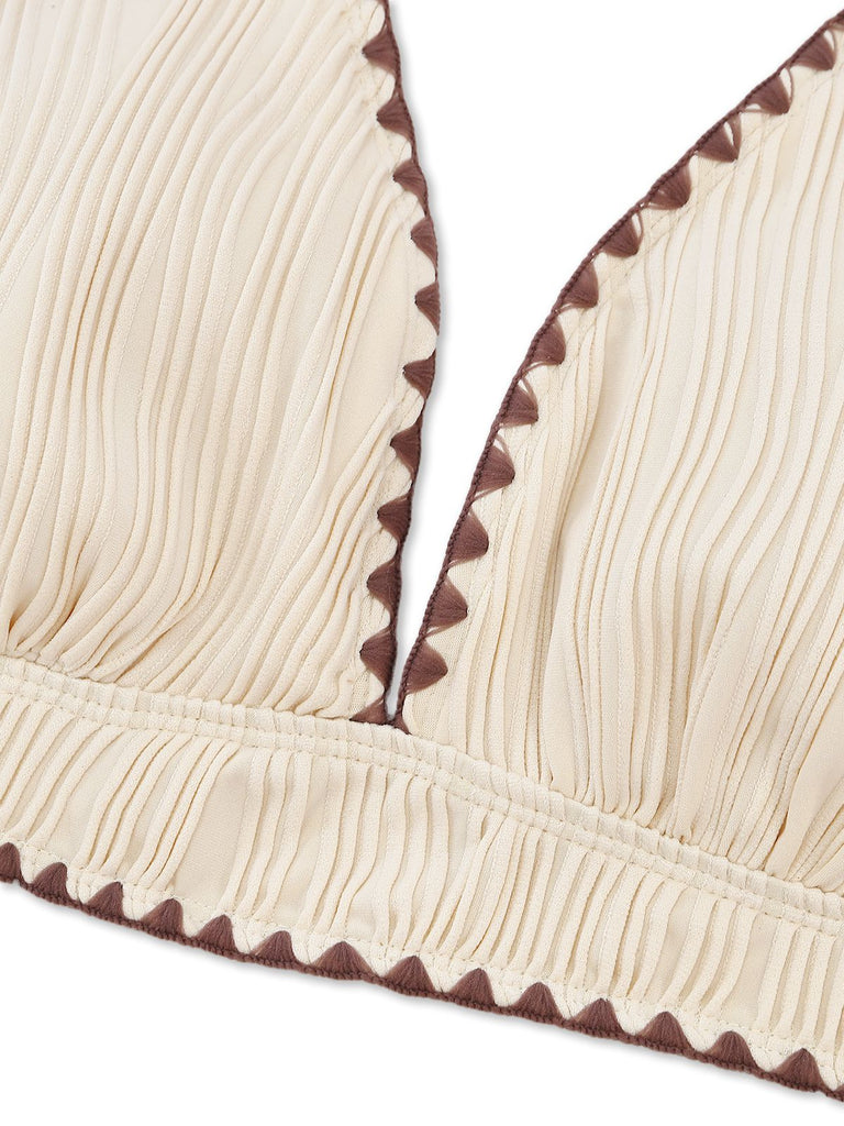 Ensemble bikini côtelé beige et marron dos nu et taille haute années 50