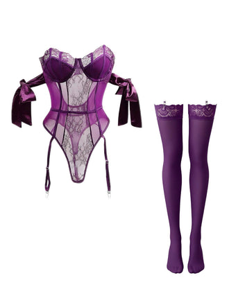 [Prévente] Ensemble pyjama body à nœud papillon uni avec bas assortis années 1980