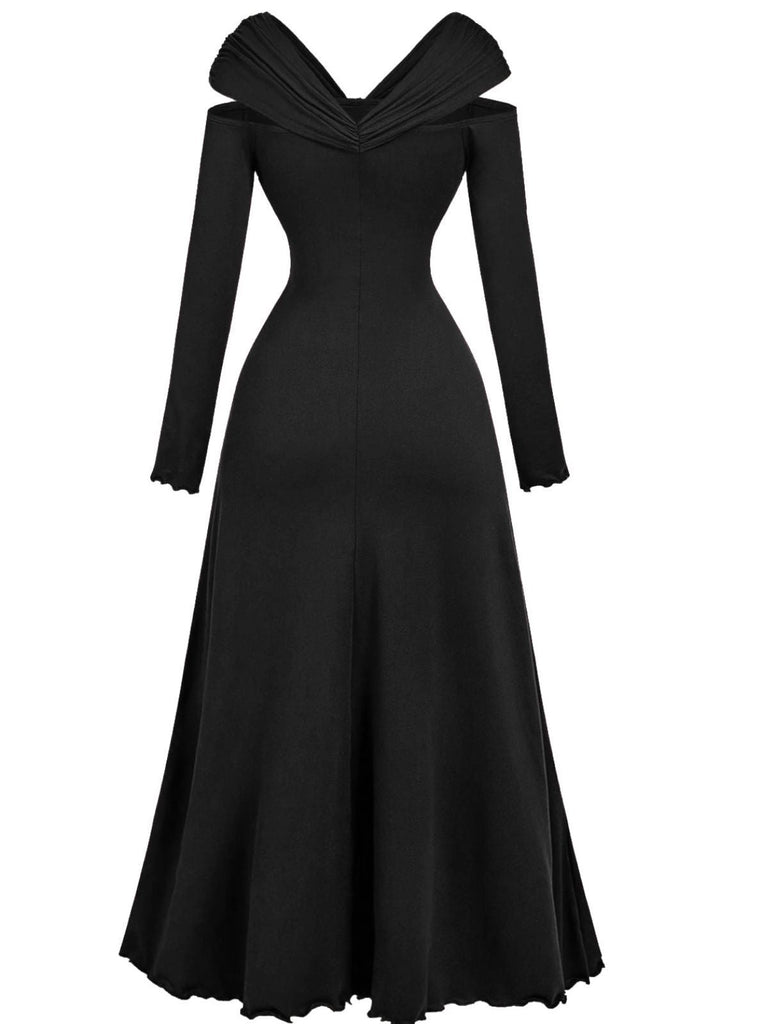 Robe plissée bordeaux épaules dénudées et manches longues années 1940