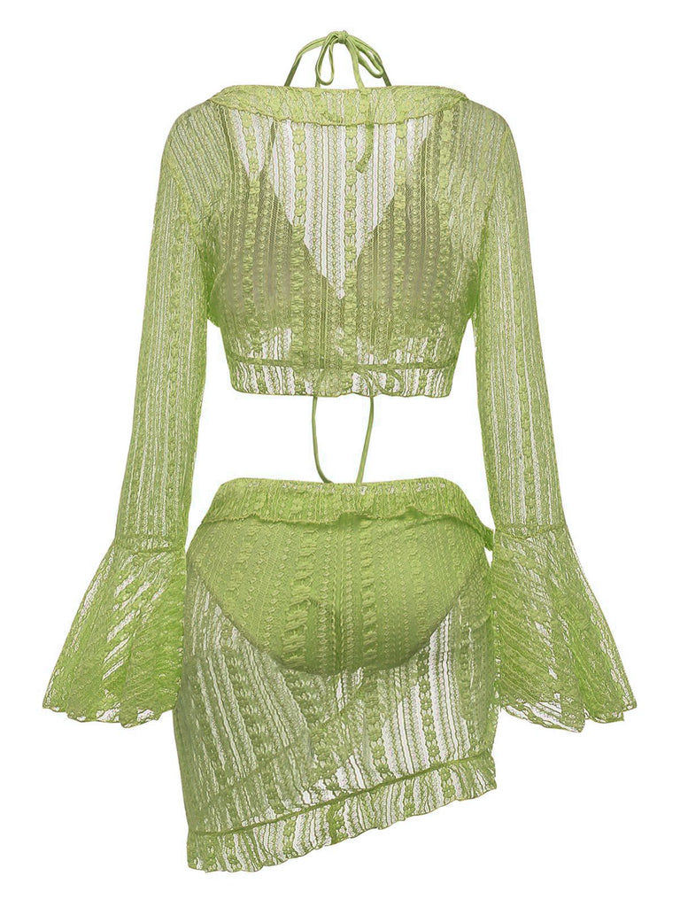 A vibrant lime green version of the bell-sleeve lace 3-piece bikini set.