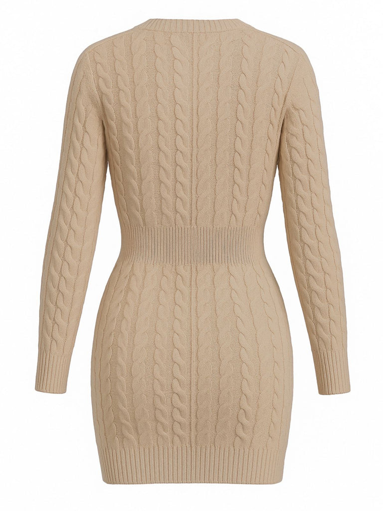 Robe moulante manches longues en maille torsadée des années 1960